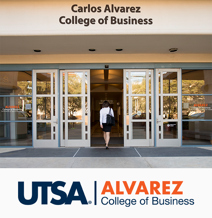 Student walking into Alvarez college of business building